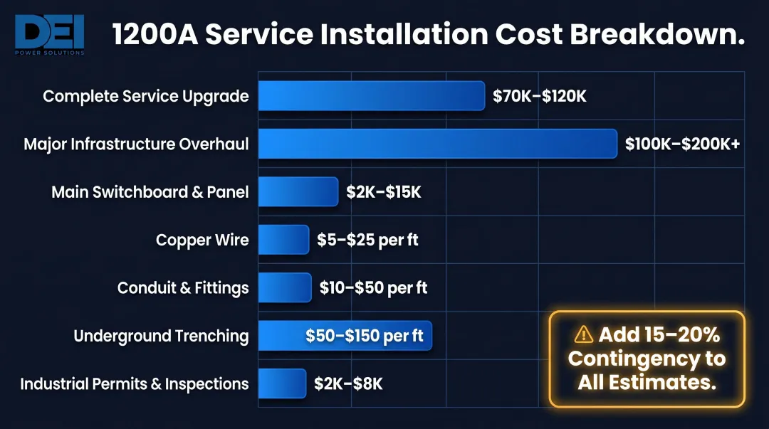 1200 amp service installation cost breakdown by major component category infographic