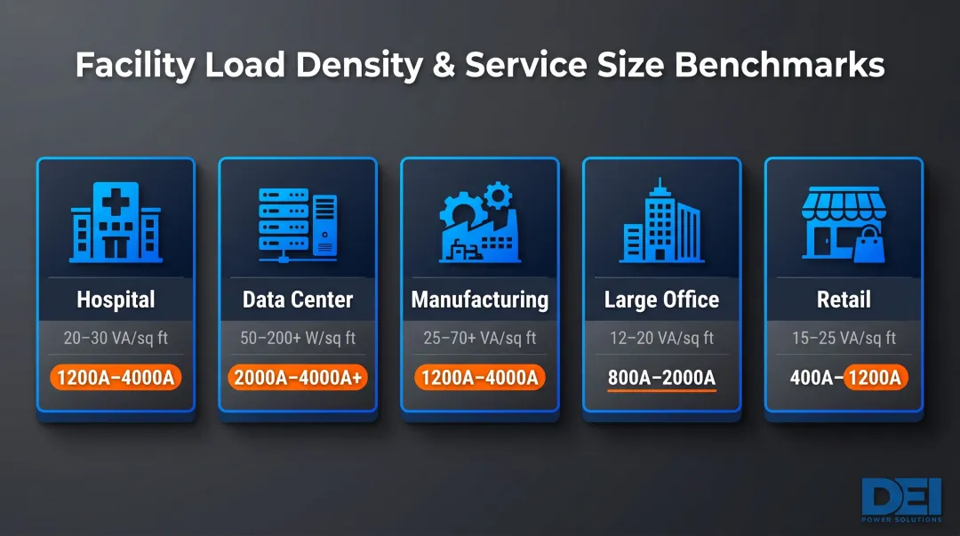 Facility type electrical load benchmark comparison table for 1200A service sizing
