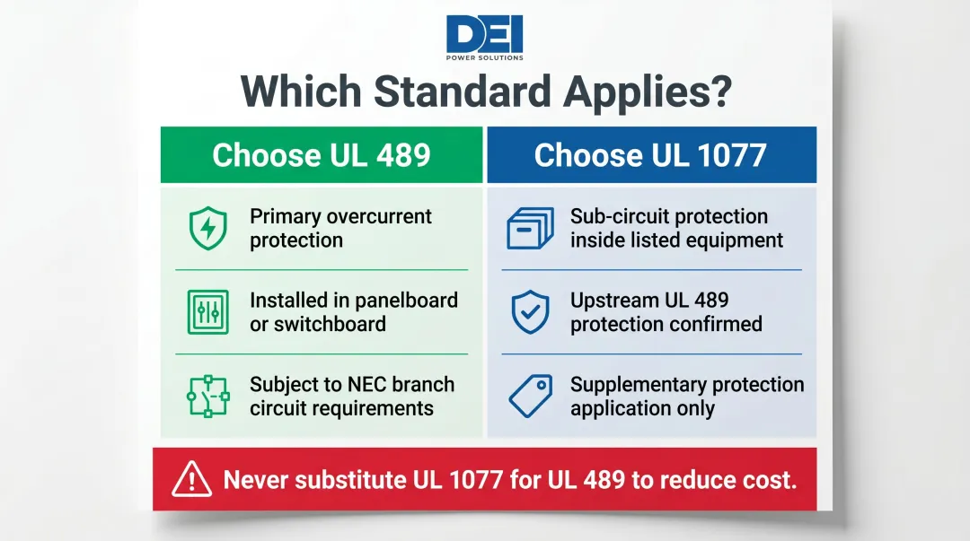 UL 489 versus UL 1077 circuit breaker application decision guide comparison infographic