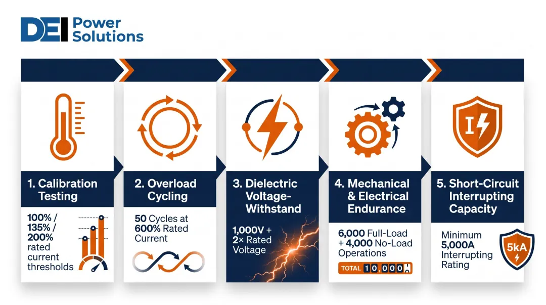 UL 489 five-part testing protocol requirements for listed circuit breaker certification