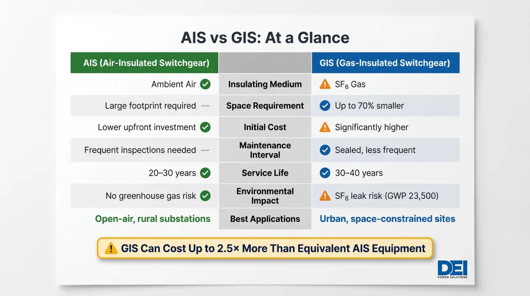 AIS versus GIS switchgear side-by-side comparison of cost space and environmental impact