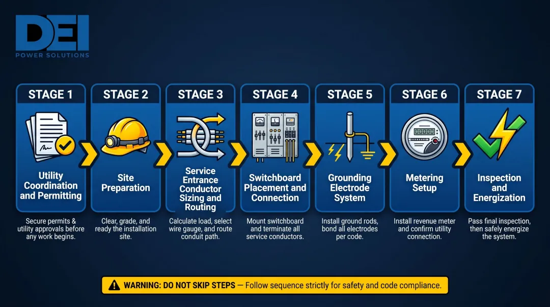 7-step 1000 amp service installation sequence from utility coordination to energization