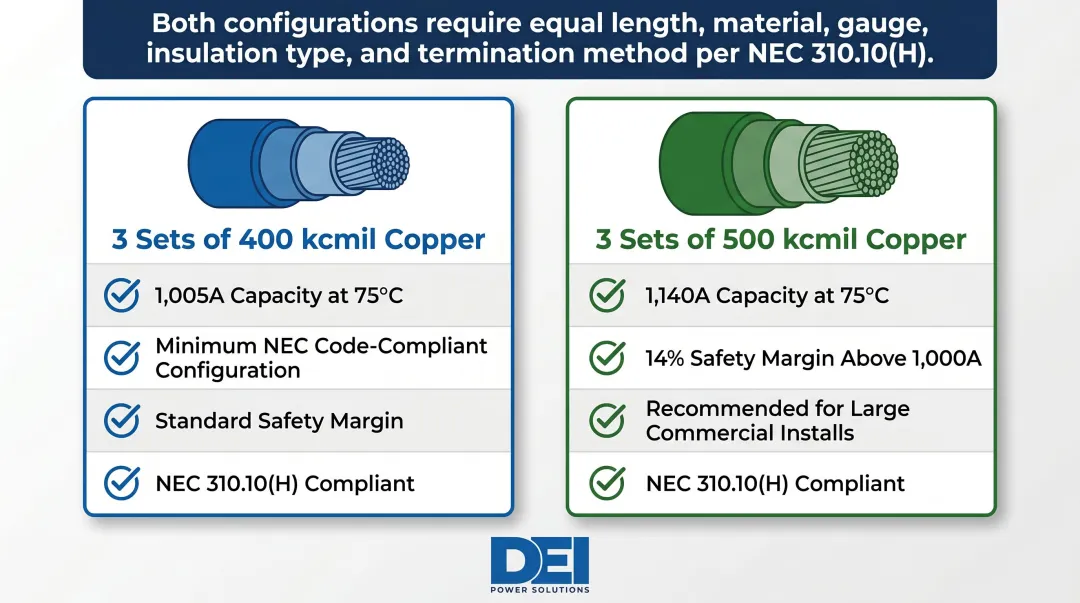 Parallel conductor sizing comparison 400 kcmil versus 500 kcmil copper for 1000 amp service