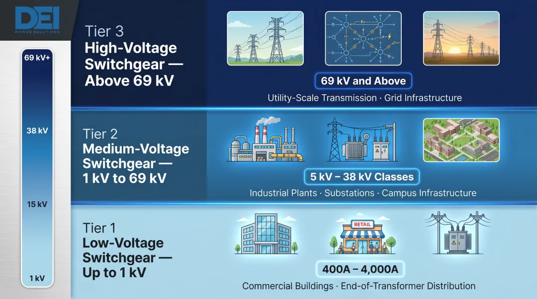 Three switchgear voltage classifications low medium high voltage applications tier diagram