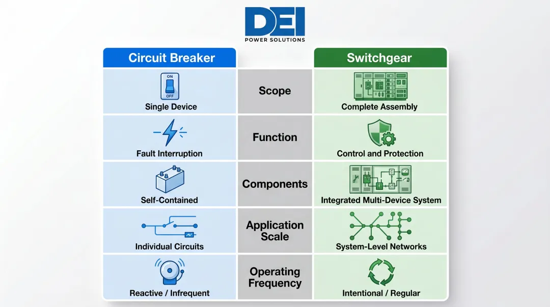 Circuit breaker versus switchgear five-dimension side-by-side comparison infographic
