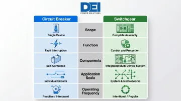 Circuit breaker versus switchgear five-dimension side-by-side comparison infographic