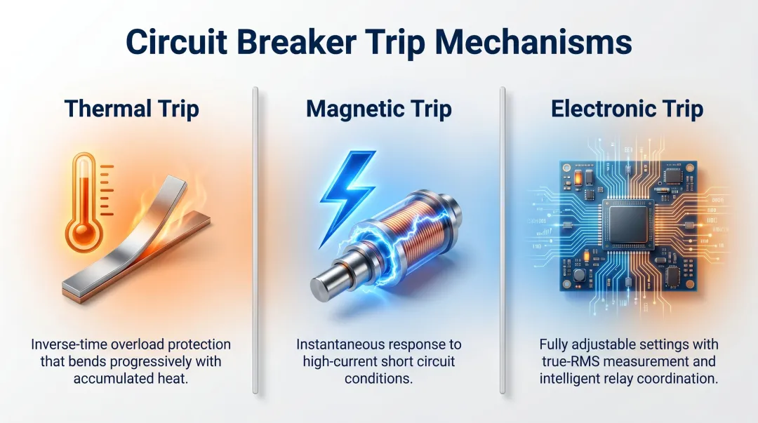 Three circuit breaker trip mechanisms thermal magnetic and electronic comparison infographic