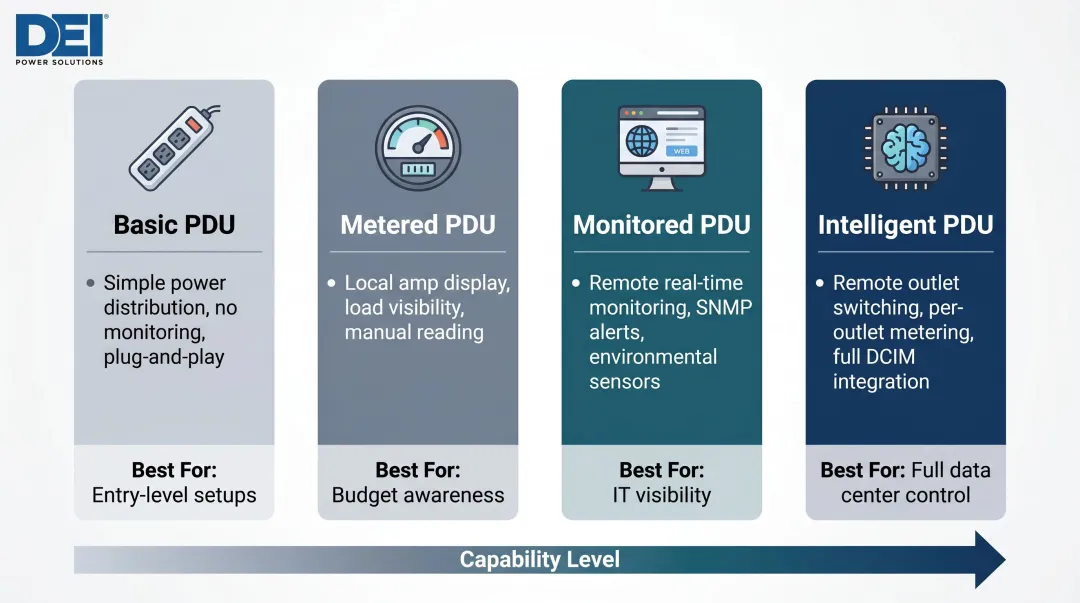 Four types of data center PDUs capabilities and best use case comparison