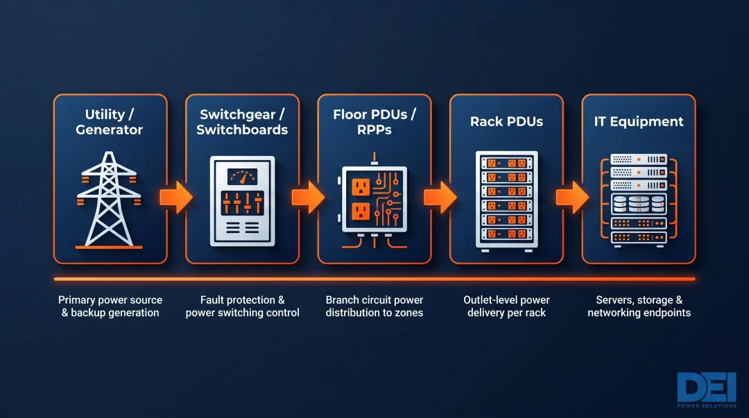 Data center power distribution chain from utility to IT equipment rack