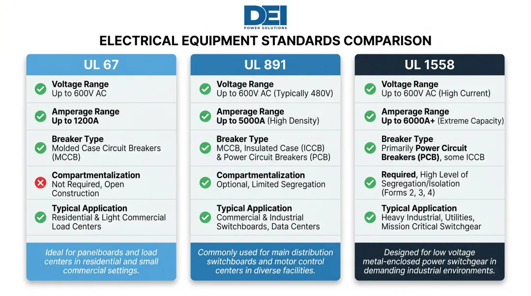 UL 67 versus UL 891 versus UL 1558 switchboard standards comparison chart