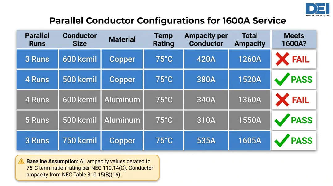 NEC-compliant parallel conductor configurations comparison table for 1600 amp service