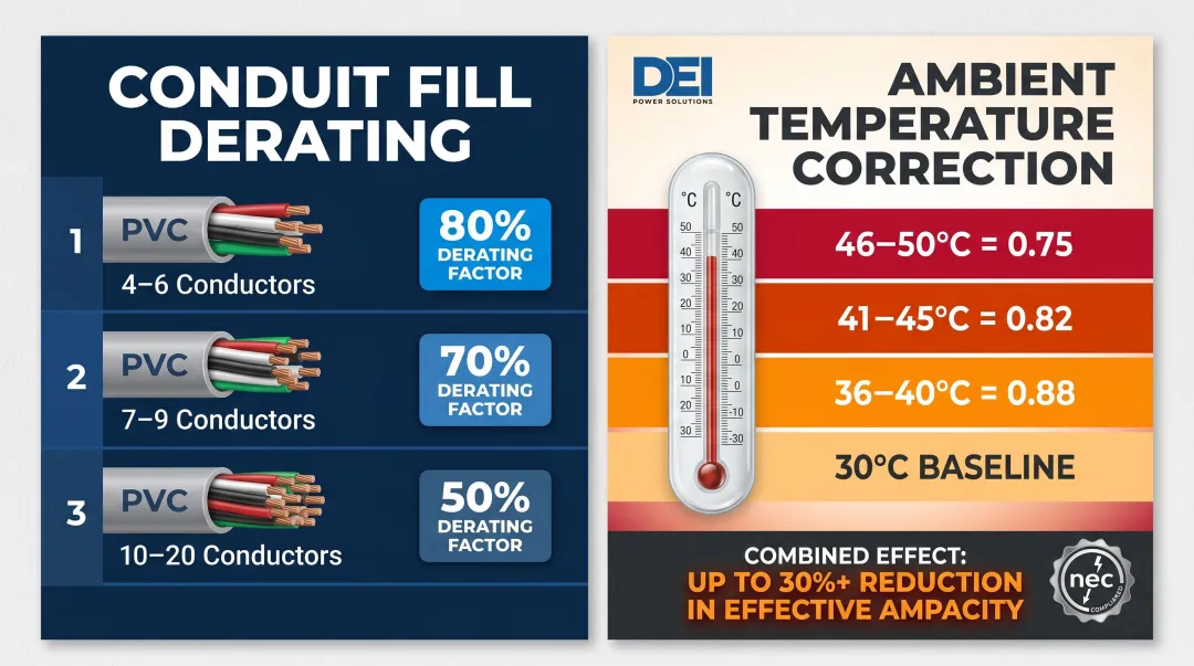 NEC ampacity derating factors for conduit fill and ambient temperature combined effect