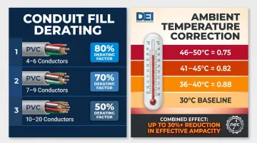 NEC ampacity derating factors for conduit fill and ambient temperature combined effect