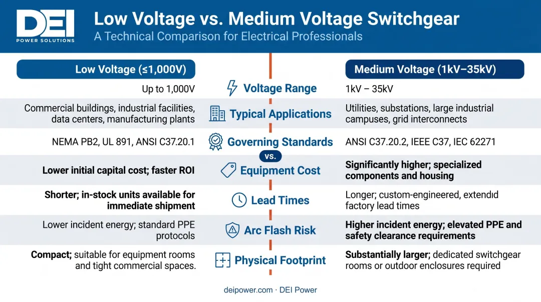 Low voltage versus medium voltage switchgear seven-factor comparison infographic