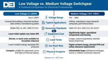 Low voltage versus medium voltage switchgear seven-factor comparison infographic