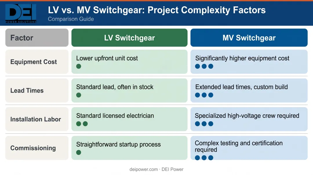 LV versus MV switchgear cost complexity lead time project factor comparison table