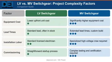 LV versus MV switchgear cost complexity lead time project factor comparison table