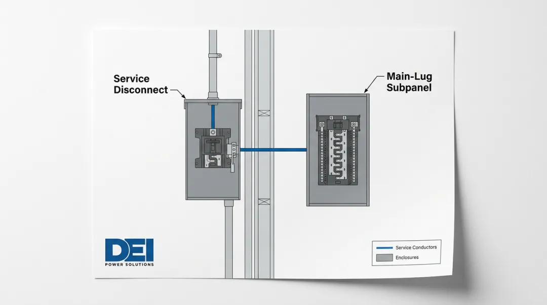 Meter main exterior disconnect paired with interior main-lug subpanel wiring configuration diagram