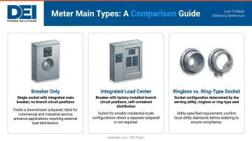 Three types of meter mains comparison chart with descriptions and common uses