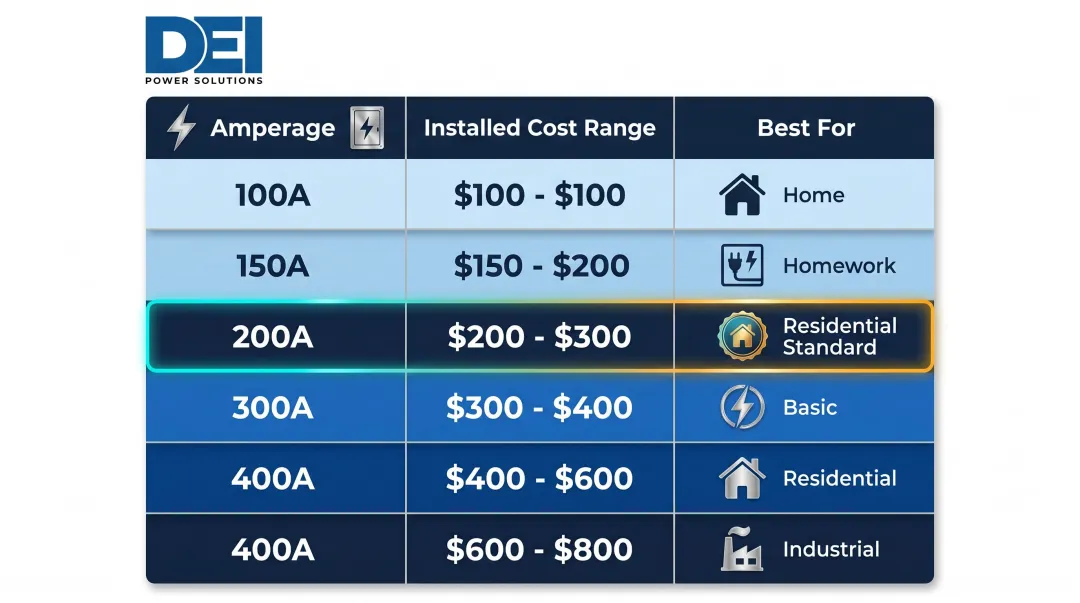 Electrical panel amperage cost comparison chart from 100A to 400A industrial