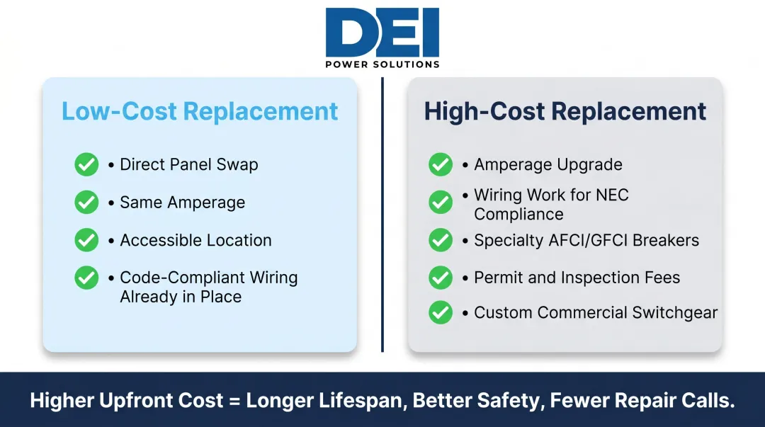 Low cost versus high cost electrical panel replacement comparison side by side