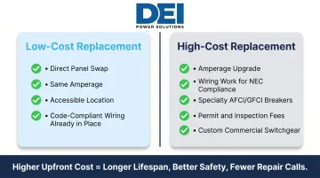 Low cost versus high cost electrical panel replacement comparison side by side