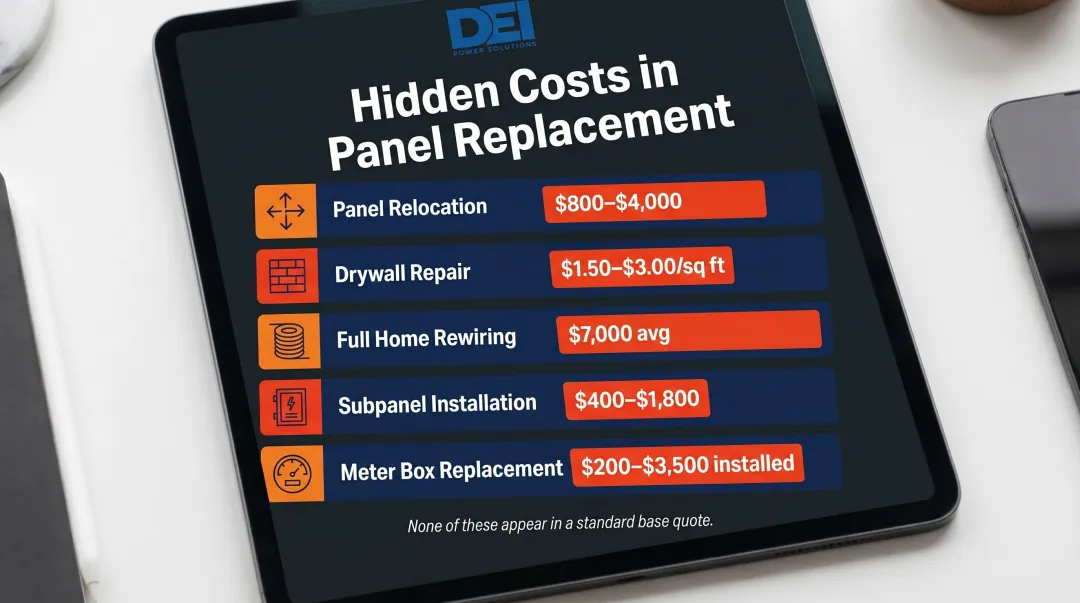Hidden electrical panel replacement costs breakdown including relocation wiring and permits