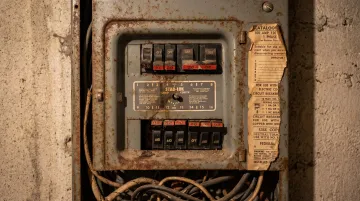 Obsolete Federal Pacific electrical panel with outdated breakers and aging wiring