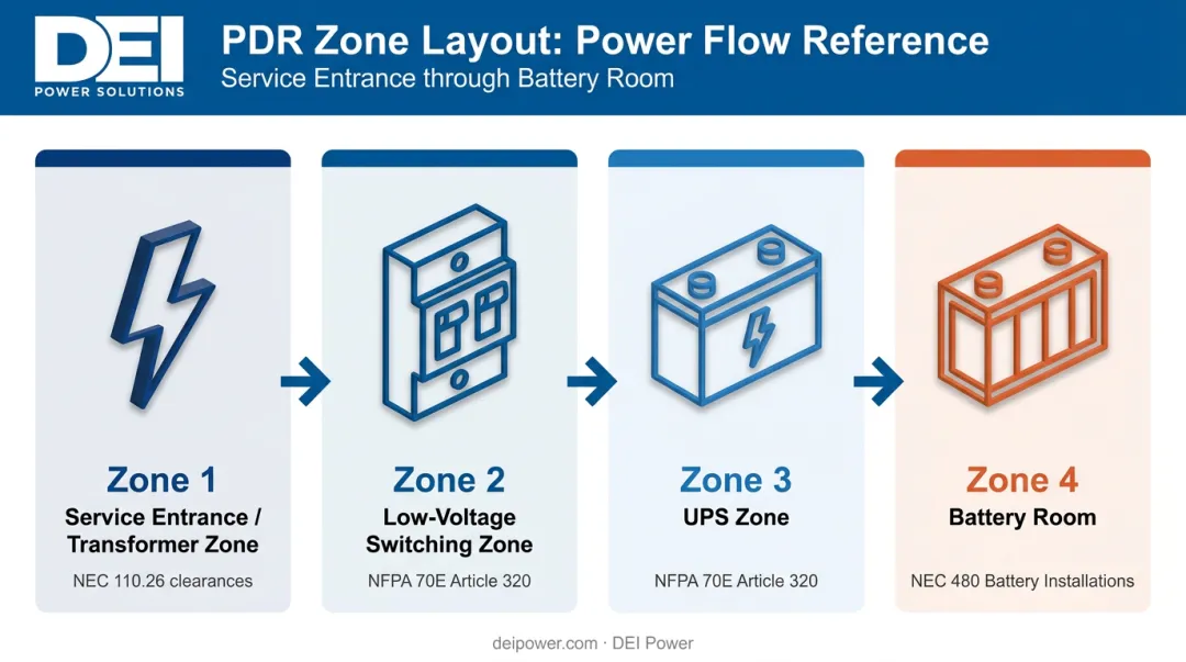 Data center PDR four-zone equipment layout and power flow sequence diagram