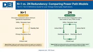 N plus 1 versus 2N data center power redundancy strategy side-by-side comparison infographic