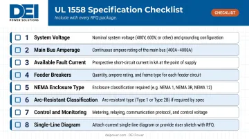 UL 1558 switchgear RFQ specification checklist eight-item process infographic