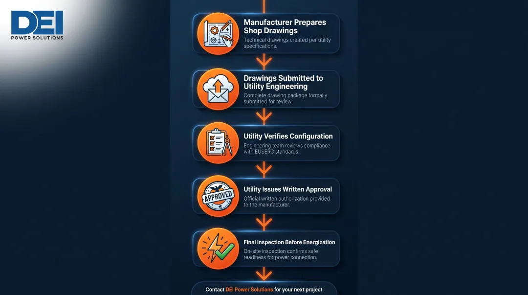 5-step EUSERC utility approval process from shop drawings to energization