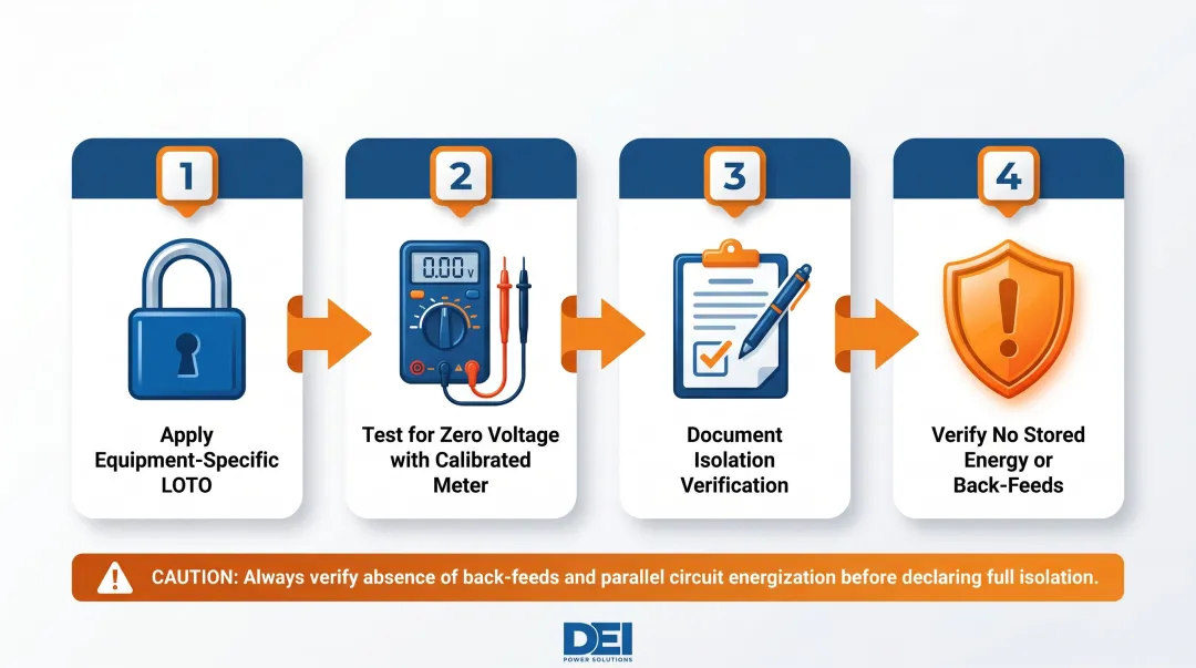 Electrical panel lockout tagout LOTO verification process steps infographic