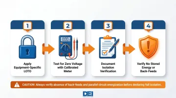 Electrical panel lockout tagout LOTO verification process steps infographic