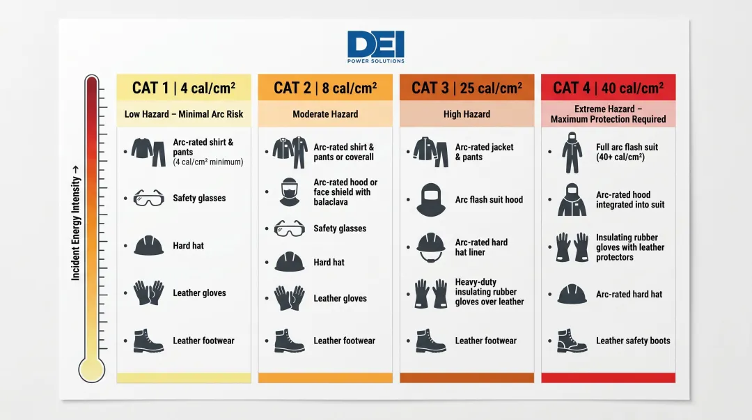 NFPA 70E arc flash PPE four-category protection levels comparison chart