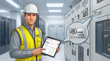 Electrical inspector verifying UL Listed switchboard certification mark on nameplate