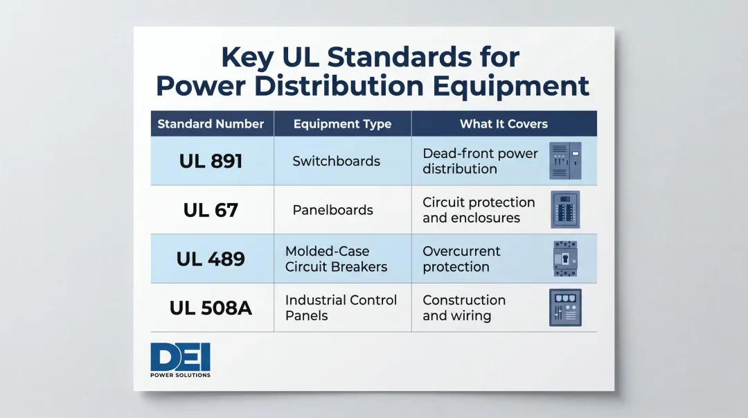 UL product standards comparison table switchboards panelboards circuit breakers control panels