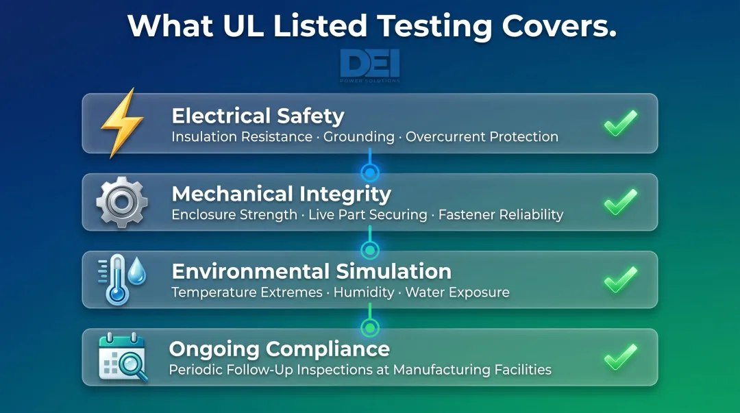 UL Listed certification testing requirements four-category breakdown infographic