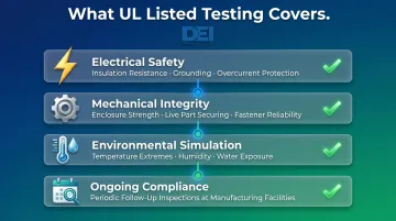 UL Listed certification testing requirements four-category breakdown infographic