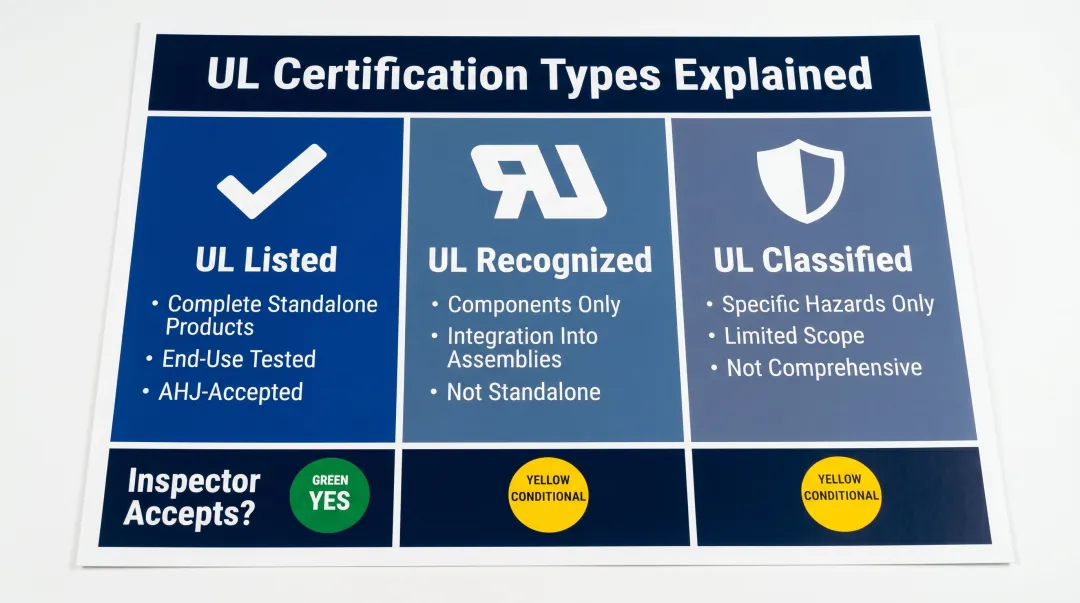 Three UL certification types Listed Recognized Classified comparison infographic