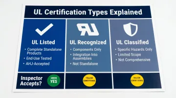 Three UL certification types Listed Recognized Classified comparison infographic