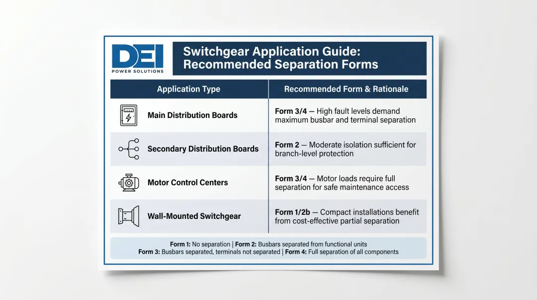 Switchgear application type versus recommended form of separation selection guide