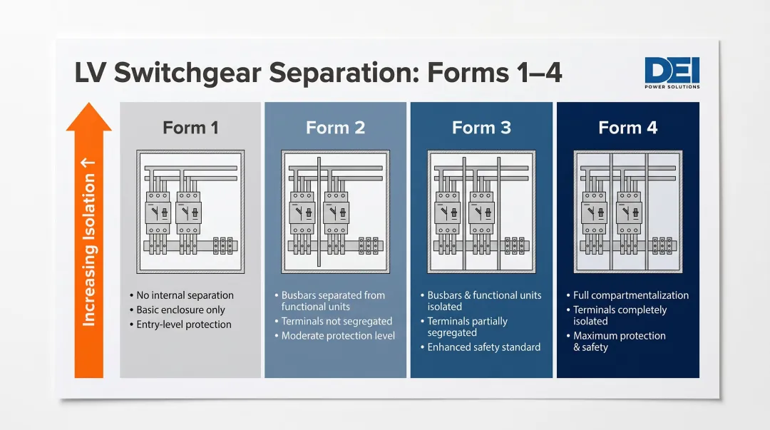 LV switchgear forms 1 through 4 separation levels progressive comparison infographic