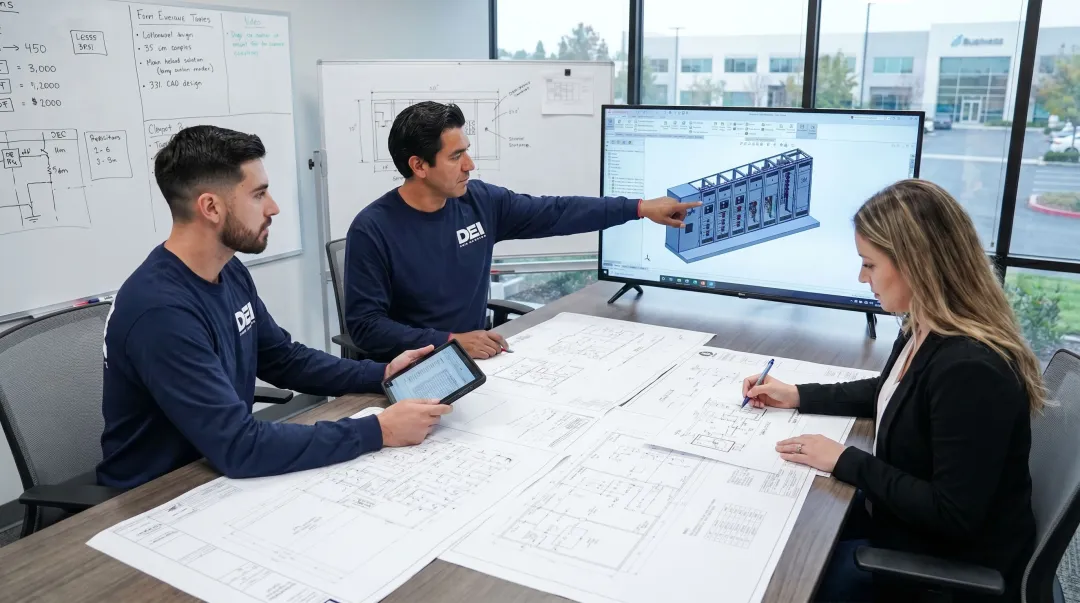 DEI Power engineering team reviewing LV switchgear schematics and CAD drawings