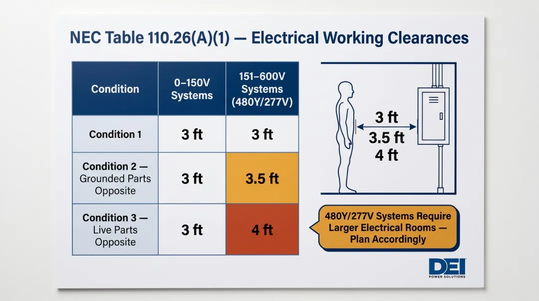 NEC working clearance requirements comparison 0-150V versus 151-600V 480Y277V systems