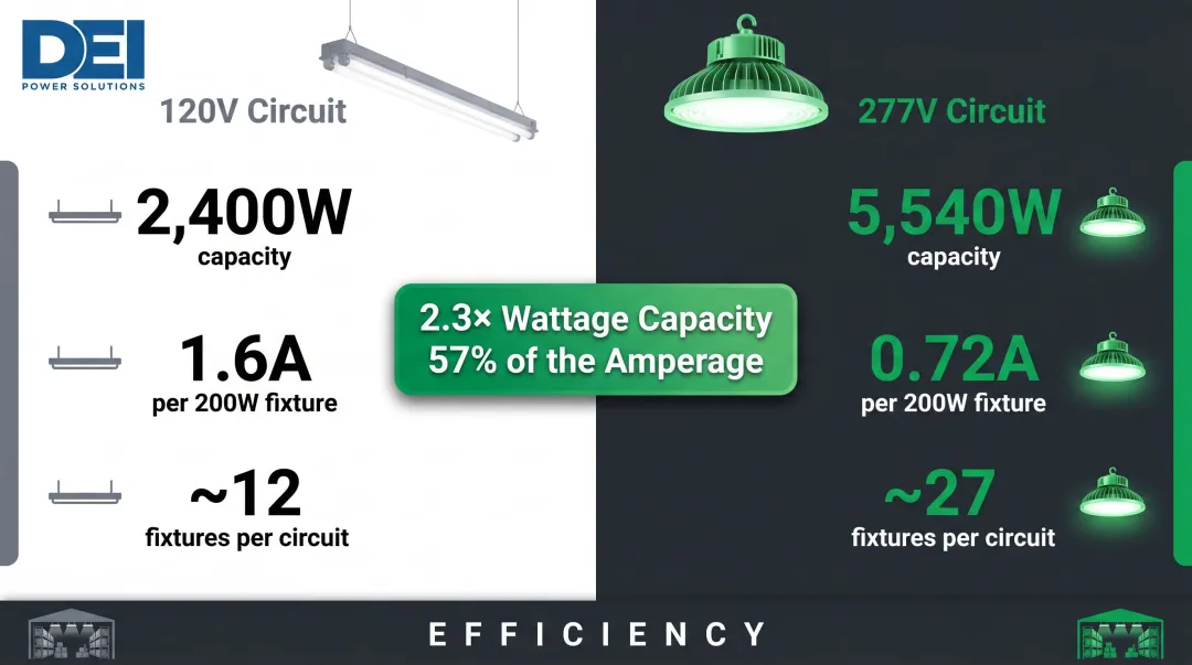 277V versus 120V branch circuit capacity comparison showing wattage current and fixture count