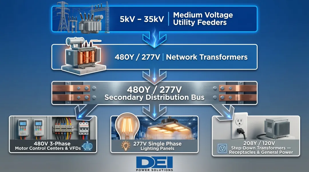 Industrial 480Y277V power distribution hierarchy from medium voltage to branch circuits