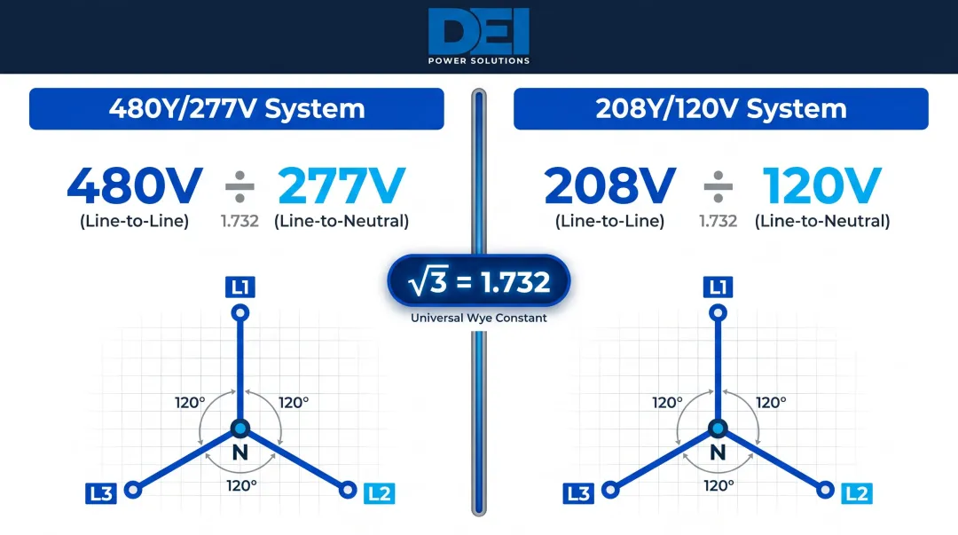 480Y277V versus 208Y120V Wye system voltage relationship comparison table infographic