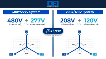 480Y277V versus 208Y120V Wye system voltage relationship comparison table infographic