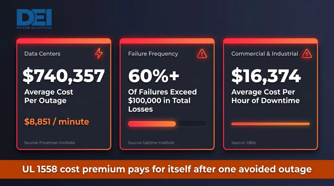 Data center and industrial facility downtime cost benchmarks per outage event infographic